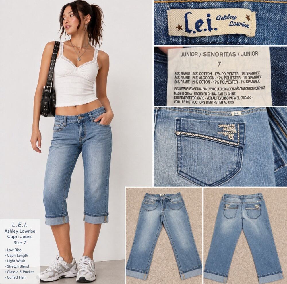 Y2K Indie L.e.i. Ashley Lowrise Junior's Capri Jeans Sz 7 Light Wash Embroidered